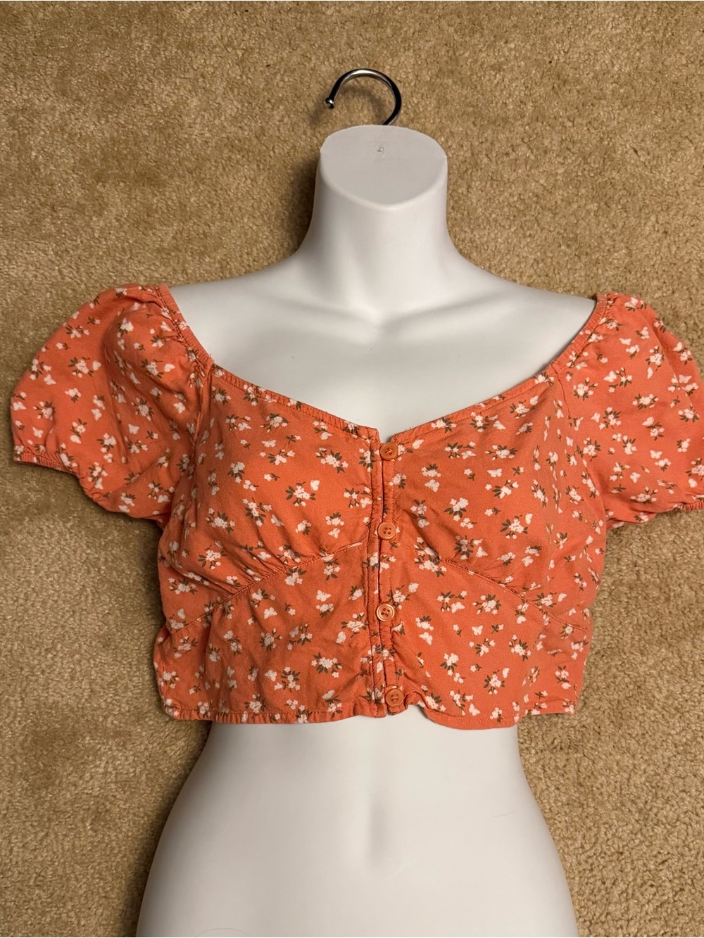 Hollister Coral Floral Button-Front Crop Top